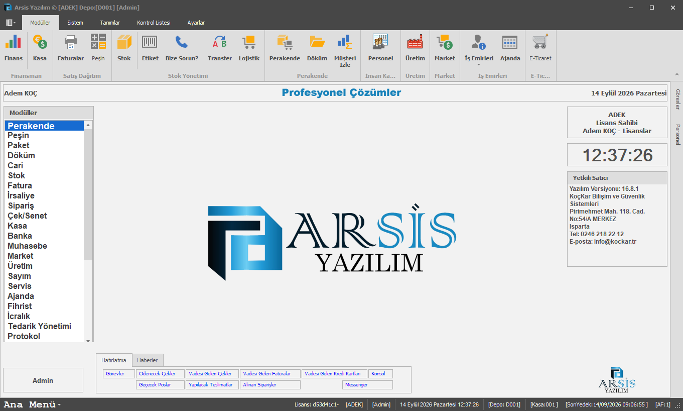 ARSİS ERP ana ekranı ve modülleri